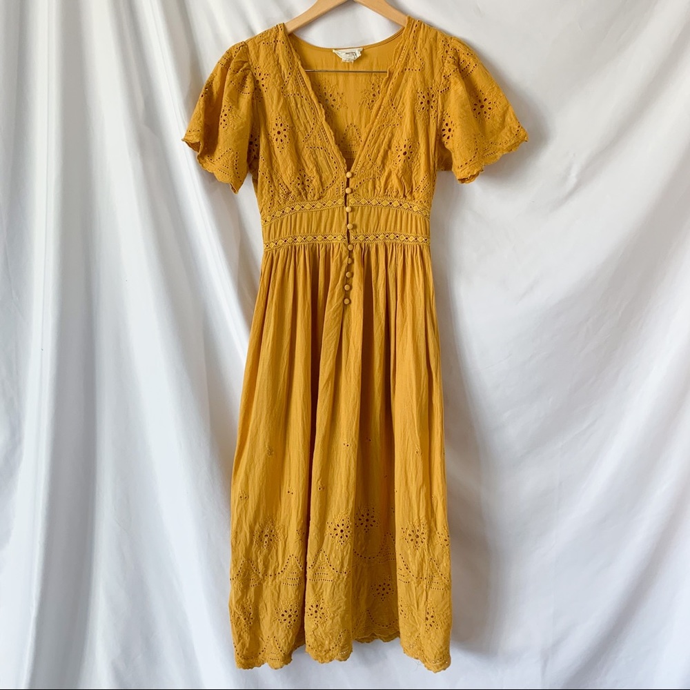 Loveriche Yellow Eyelet Lace Button Midi Dress S